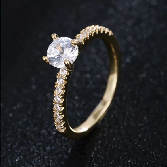 Gold Plated Diamond Cubic Zirconia Solitaire Engagement Ring - Picture 2 of 3